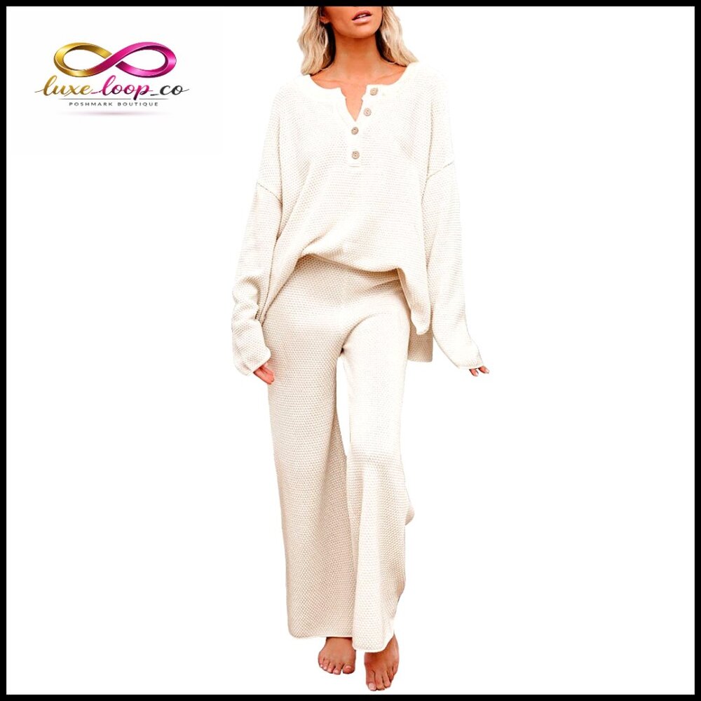Oversized Knit Sweatsuit Set With Button Pullover And Wide Leg Pants